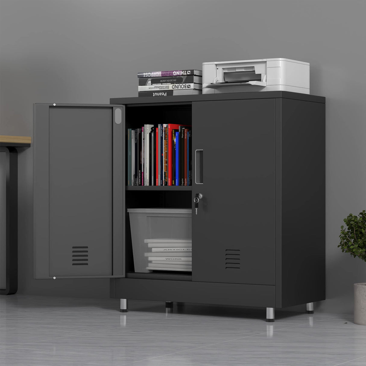 JINGUR Metal Storage Cabinet with Locking Doors and Adjustable Shelf, Small Lockable Sideboard Buffet Cabinet for Home Office Hallway Entryway Living Dining Room (Black) JINGUR