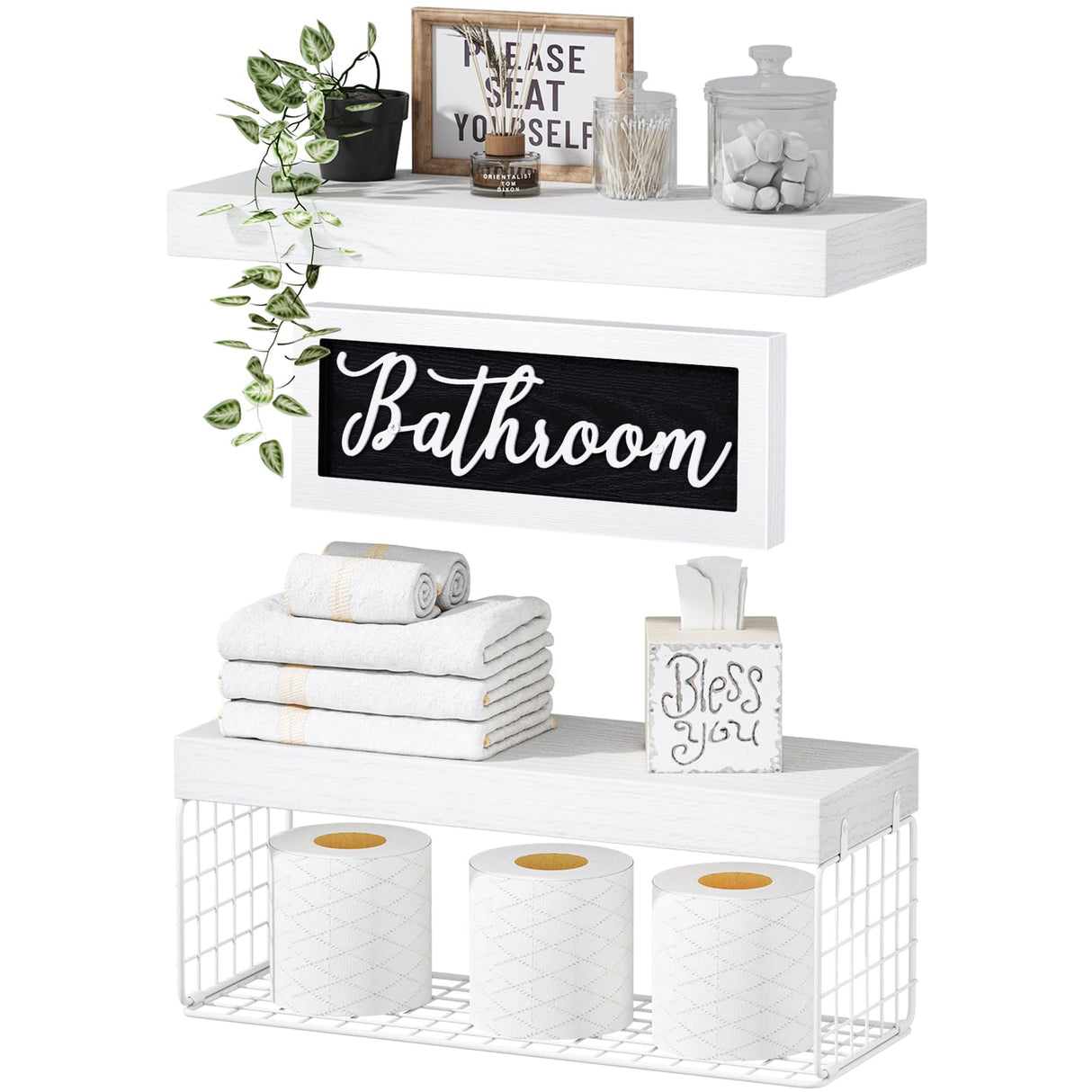 QEEIG Bathroom Shelves Over Toilet Paper Storage Wall Mounted Farmhouse Decor Decorations Aesthetic Décor Sign Small Floating Wall Shelf 2+1 Set 16 inch, White (020WW) QEEIG