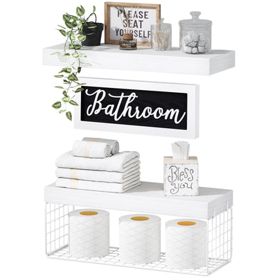QEEIG Bathroom Shelves Over Toilet Paper Storage Wall Mounted Farmhouse Decor Decorations Aesthetic Décor Sign Small Floating Wall Shelf 2+1 Set 16 inch, White (020WW)
