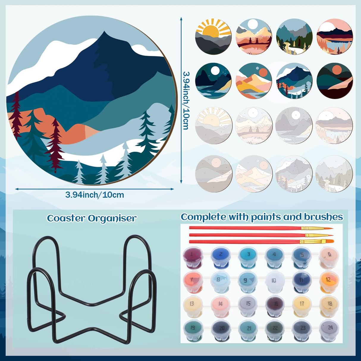 Reallnaive 8 Pcs Mountain Paint by Numbers Kit for Adults Cute Coasters with Holder Mini Paint by Numbers Kits Round Oil Painting Drink Coaster for Small DIY Craft Birthday Gift Reallnaive