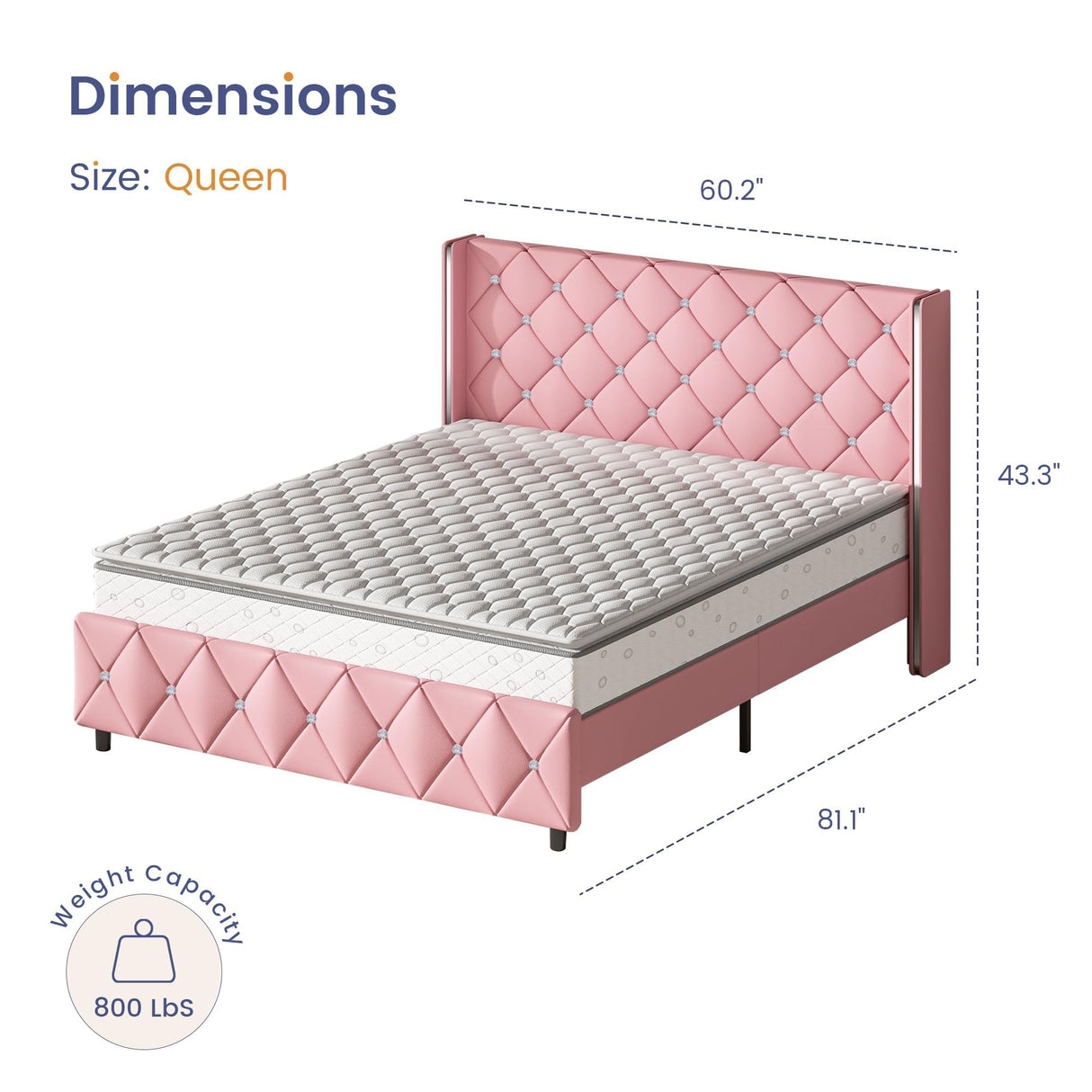 Queen Size Bed Frame with Diamond Headboard, Pink Bed Frame Queen, Upholstered Platform Bed Frame Faux Leather, Adjustable Crystal Button Tufted Headboard, Wood Slat Support, Easy Assembly, Pink HOMBCK