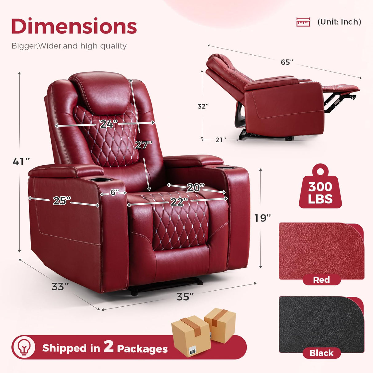ANJ Power Recliner Chair Set of 3, Electric Soft Leather Reclining Home Theater Seating - USB Ports, Cup Holders, Hidden Arm Storage Movie & Media Room Chairs (Red) ANJ