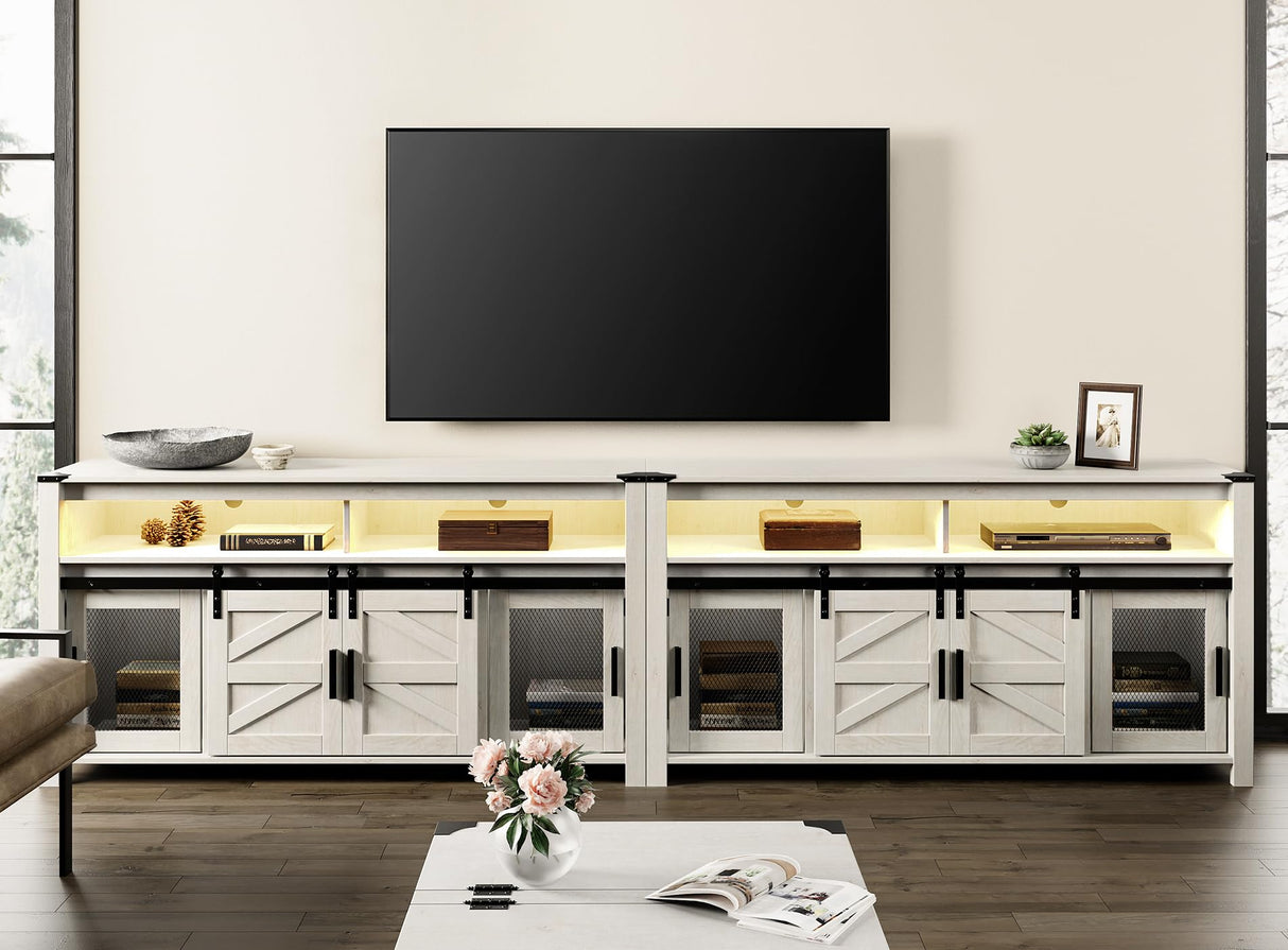 WAMPAT 2-in-1 TV Stand for 100+ Inch TVs, 31" Tall Farmhouse Entertainment Center with Rustic Mesh & Barn Doors, Wooden 118" Media Console with Adjustable Shelf & Yellow LED Lights, Antique White WAMPAT