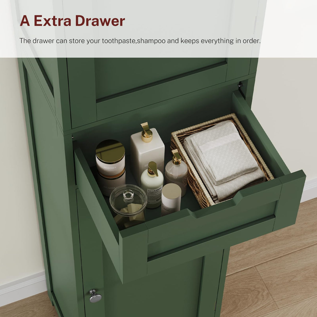 TEENFON Tall Bathroom Cabinet with 2 Doors & 1 Drawer, Narrow Bathroom Storage Cabinet with Adjustable Shelves, for Living Room, Entryway, Kitchen, Forest Green TEENFON