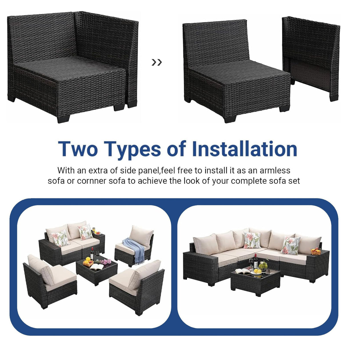 SunloungeCo 6 Pieces Outdoor Patio Furniture Set, Wicker Conversation Sets with Tea Table, Rattan Patio Sofa with Thick Cushions for Garden, Backyard Porch, Poolside,Beige SunloungeCo