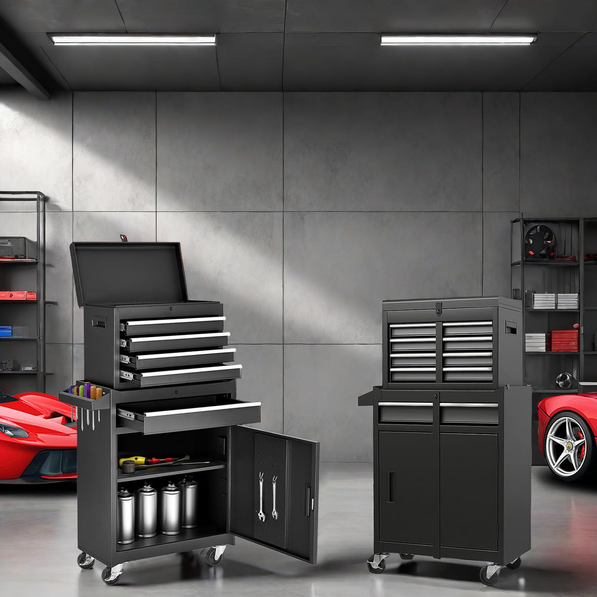 SumKea Tool Box with Wheels, 5 Drawer Rolling Tool Chest, Tool Box for Garage with and Side Handles Detachable Storage Cabinet Rolling Tool Box, for Garage Workshop, Black SumKea