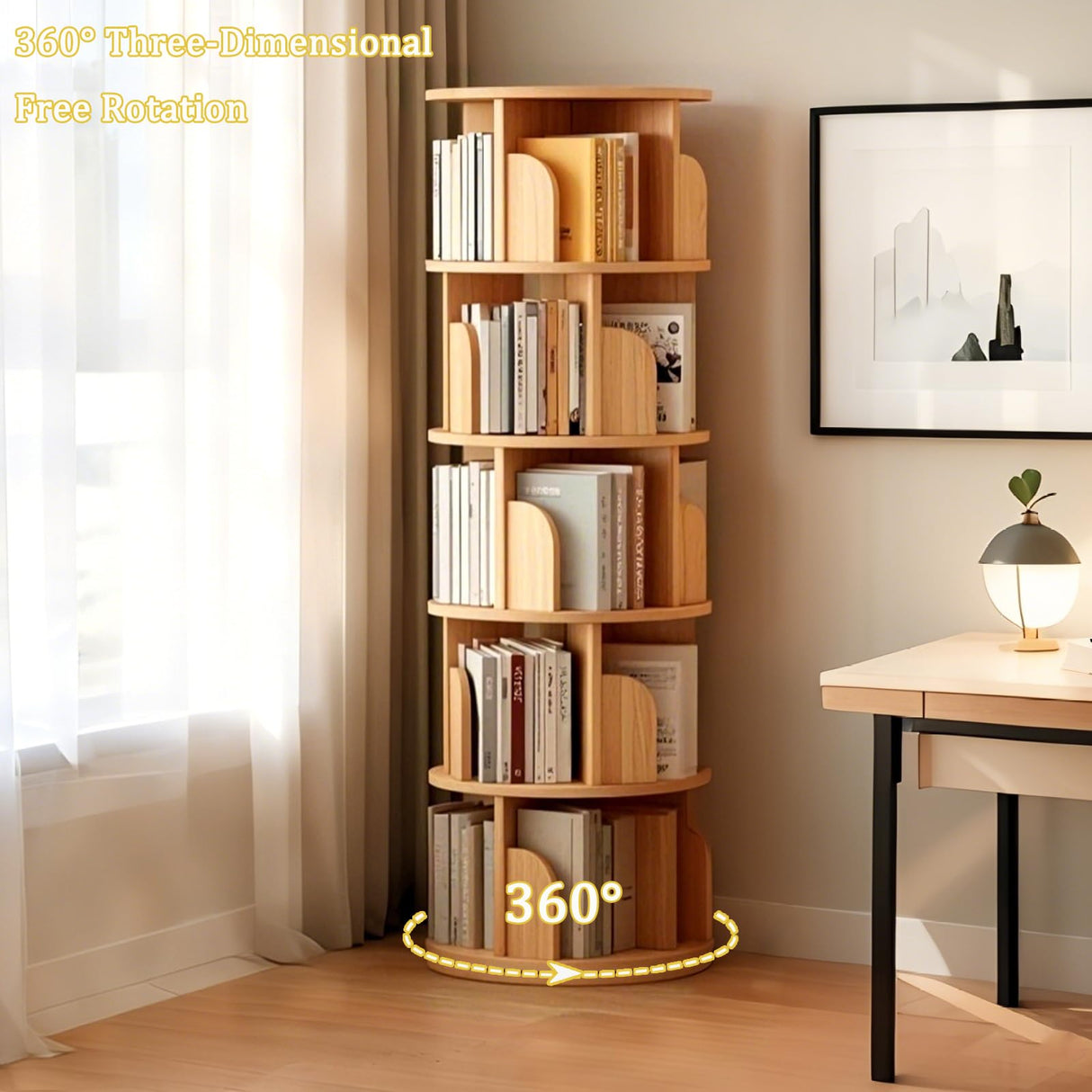 LKTART 5 Tier Rotating Bookshelf, 360° Spinning Book Shelf Tower, Space-Saving, Narrow Rolling Bookshelves for Small Space, Corner, Bedroom, Office, Natural LKTART