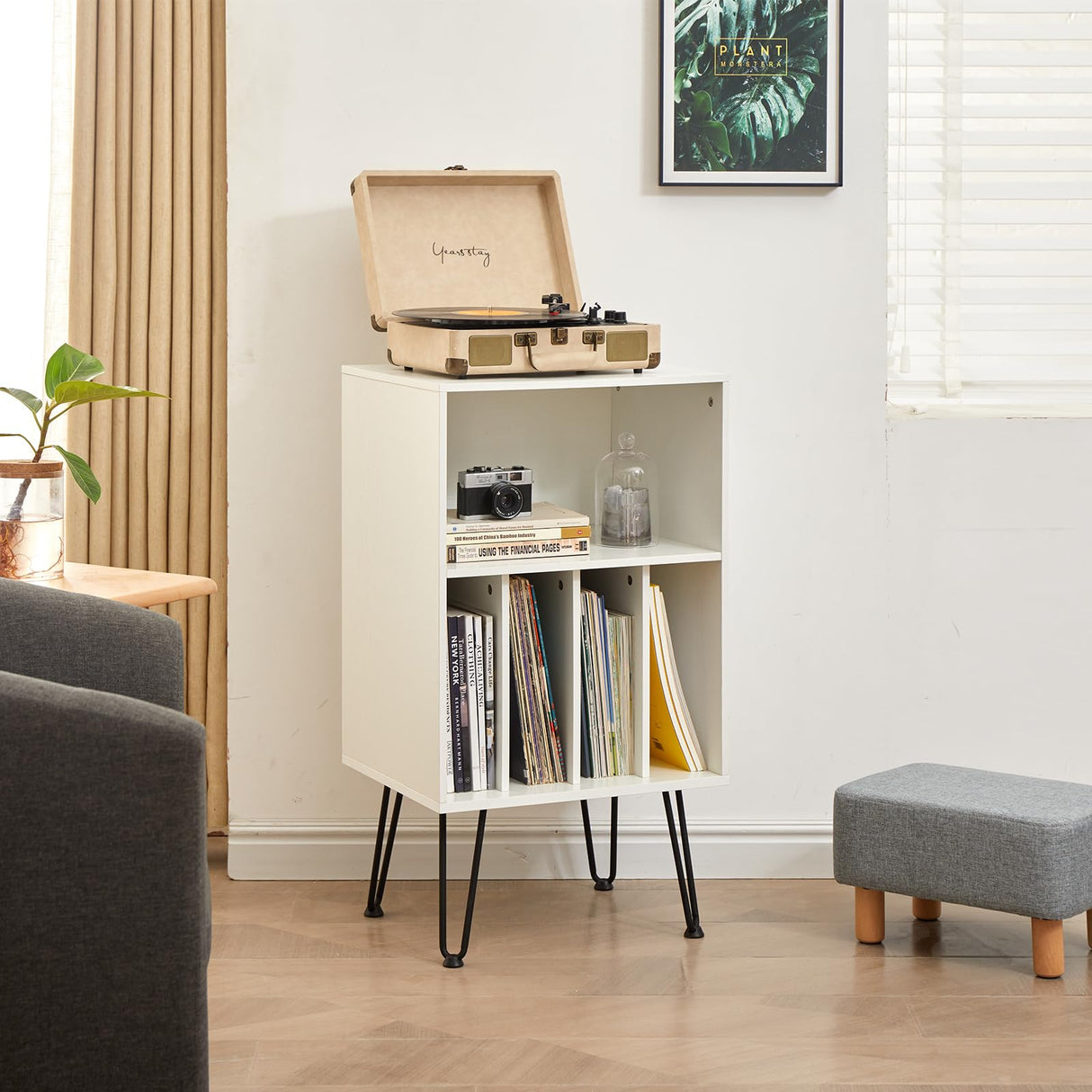 Leesingdo Record Player Stand with Vinyl Storage, Cabinet Holds Up to 150 Albums, End Table for Turntable, Living Room, White Leesingdo