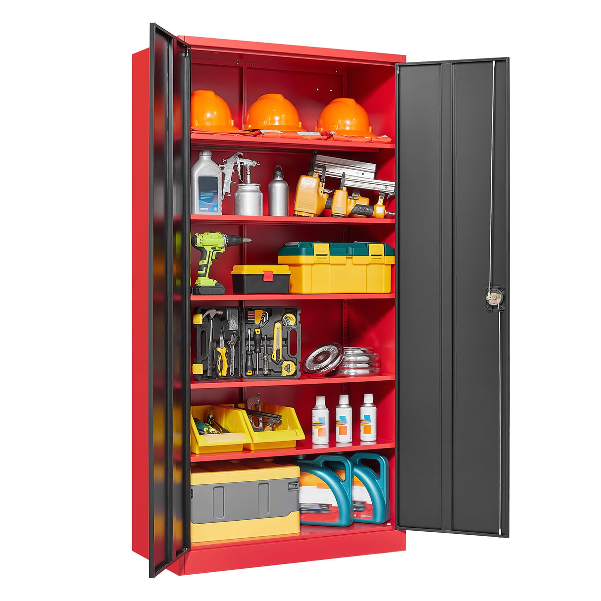 Letaya Metal Storage Cabinets with Lock, 71" Tall Locker Organizer Steel Cabinets, Adjustable Shelves 2 Doors for Home, Office, Warehouse,Garage,Industrial,Employee Lockers (Style B, Black Red) Letaya