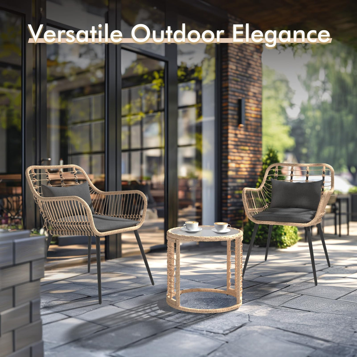 JOIVI 3 Piece Patio Bistro Set, Wicker Outdoor Patio Set with Enhanced Comfort Seating, Round Glass Top Coffee Side Table, Patio Rattan Conversation Set for Balcony, Lawn, Garden, Backyard, Black JOIVI