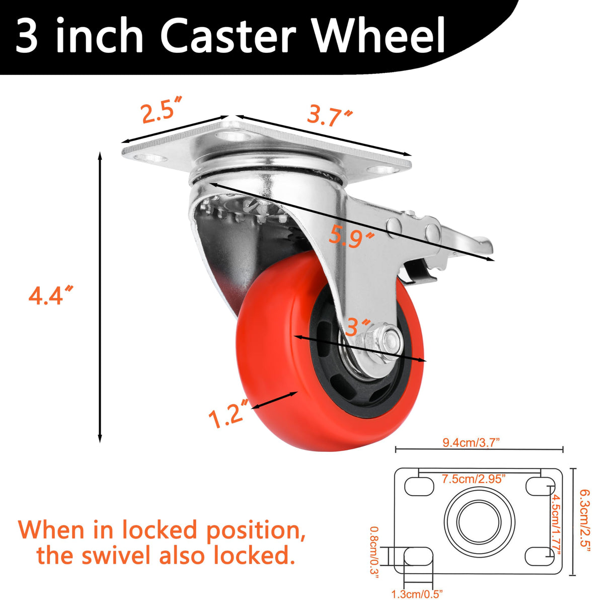 Mofeetools 3 inch Heavy Duty Casters Load 1200lbs, Lockable Bearing Plate Caster Wheels with Brakes, 360-degree Swivel Casters for Furniture and Workbench Cart, Set of 4(Free Bolts and Nuts) Mofeetools