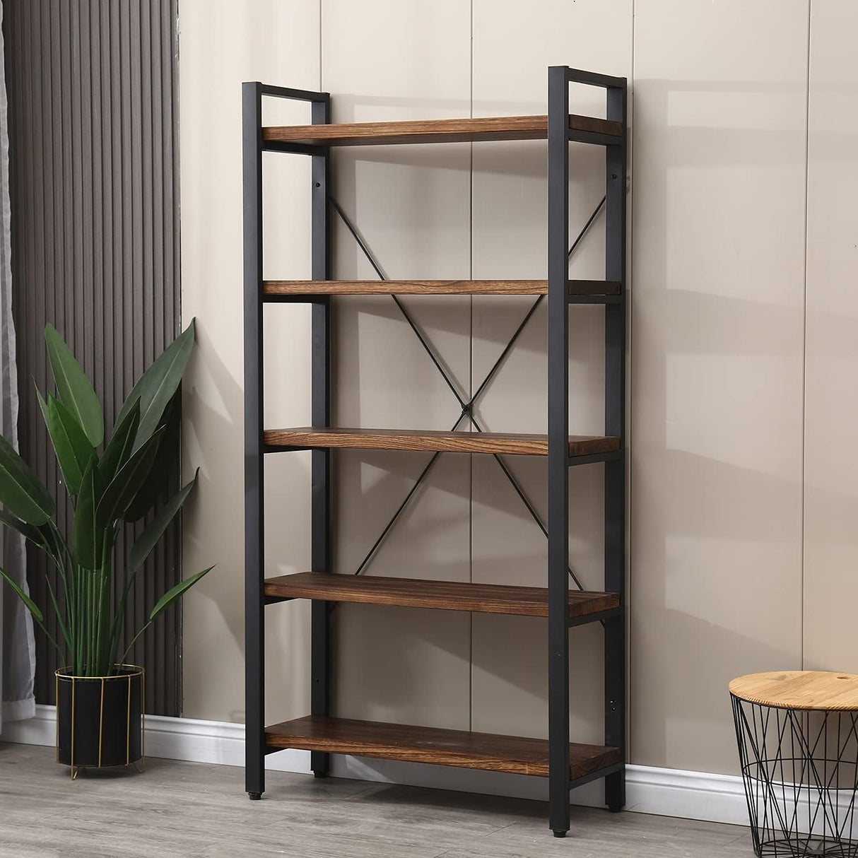 WH-AOERPUMY 5 Tier Bookcase, Solid Wood Bookshelf Rustic Vintage Industrial Etagere Bookcase, Metal and Wood Free Vintage Bookshelf, Retro Brown (Real Wood) (5-Tiers) WH-AOERPUMY