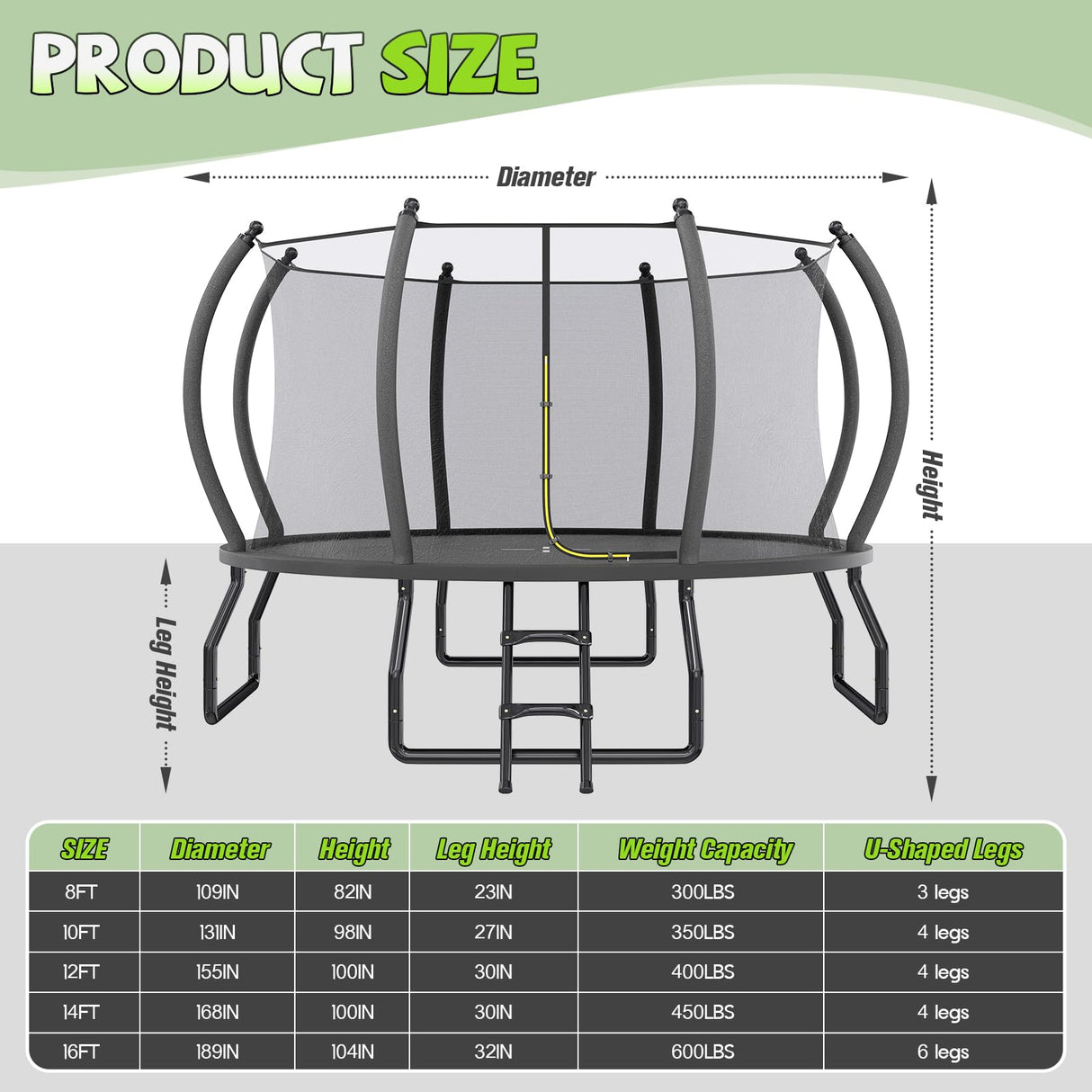 YUMPIE 8FT 10FT 12FT 14FT 16FT Outdoor Trampoline with Enclosure Net and Ladder, Recreational Trampolines for Kids and Adults, Quick Connect Frame, ASTM Approval YUMPIE