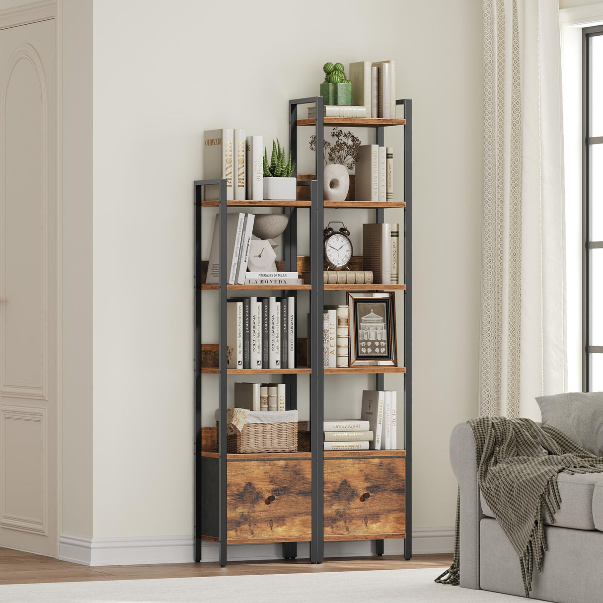 MAHANCRIS Bookshelf, 5-Tier Bookcase with Drawer, Small Book Shelf for Small Space, Storage Shelf Organizer, for Living Room, Bedroom, Study, Kitchen, Rustic Brown and Black BKHR55101 MAHANCRIS