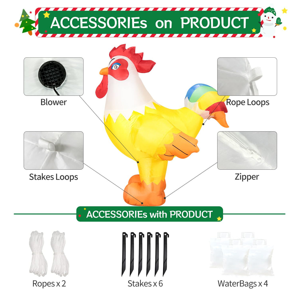 6FT Rooster Inflatables Christmas Spring, Farm Ranch Blow up Animals Cute Chicken, Decorations Outdoor Yard Built-in LED Lights Big Large Decor Party Lawn Holiday Outside DomKom