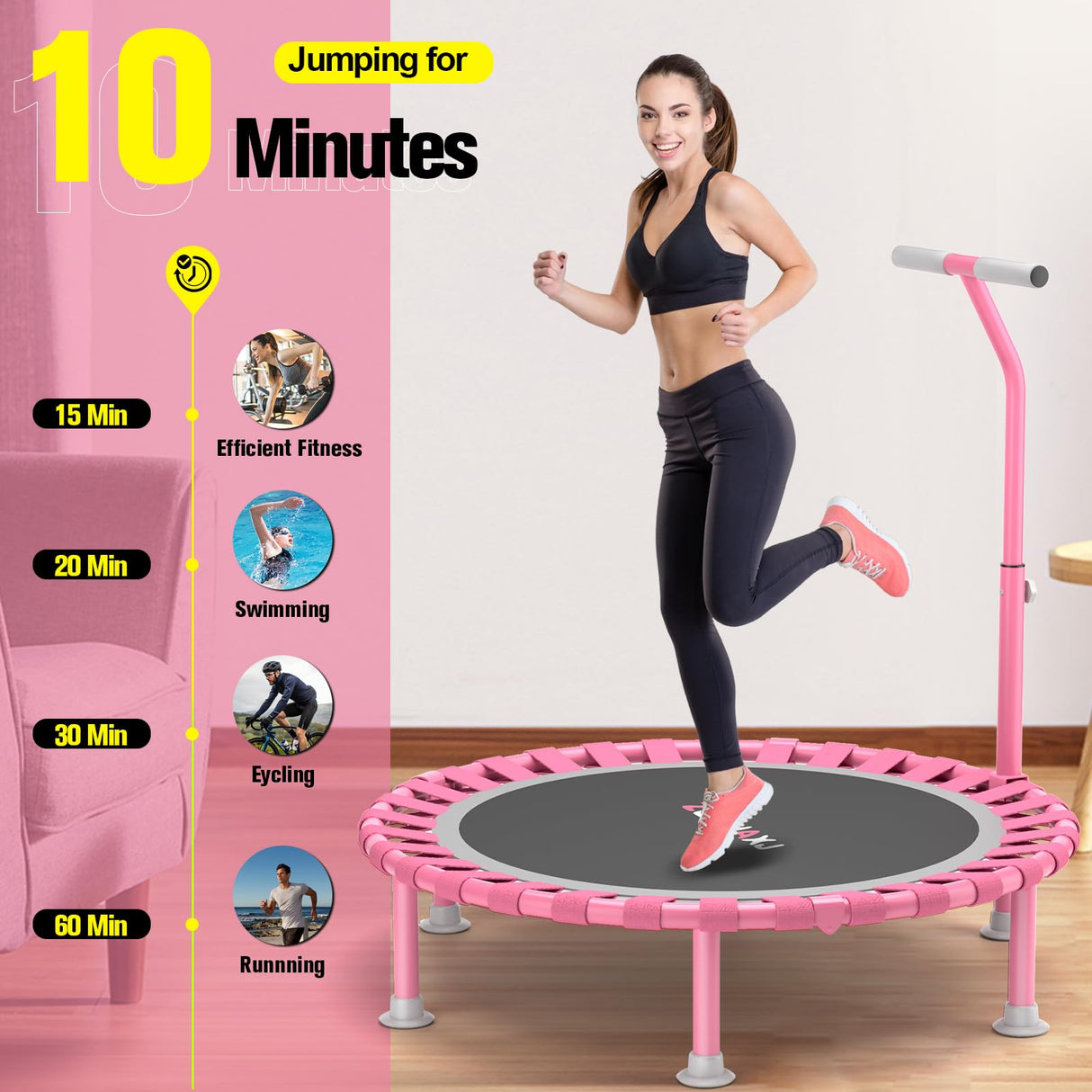 ZCMHAXJ Foldable Mini Trampoline, 40" Rebounder Trampoline for Adults & Kids, 450lbs Capacity with T-Shaped Adjustable Bar, Indoor Fitness Workout Exercise Equipment ZCMHAXJ