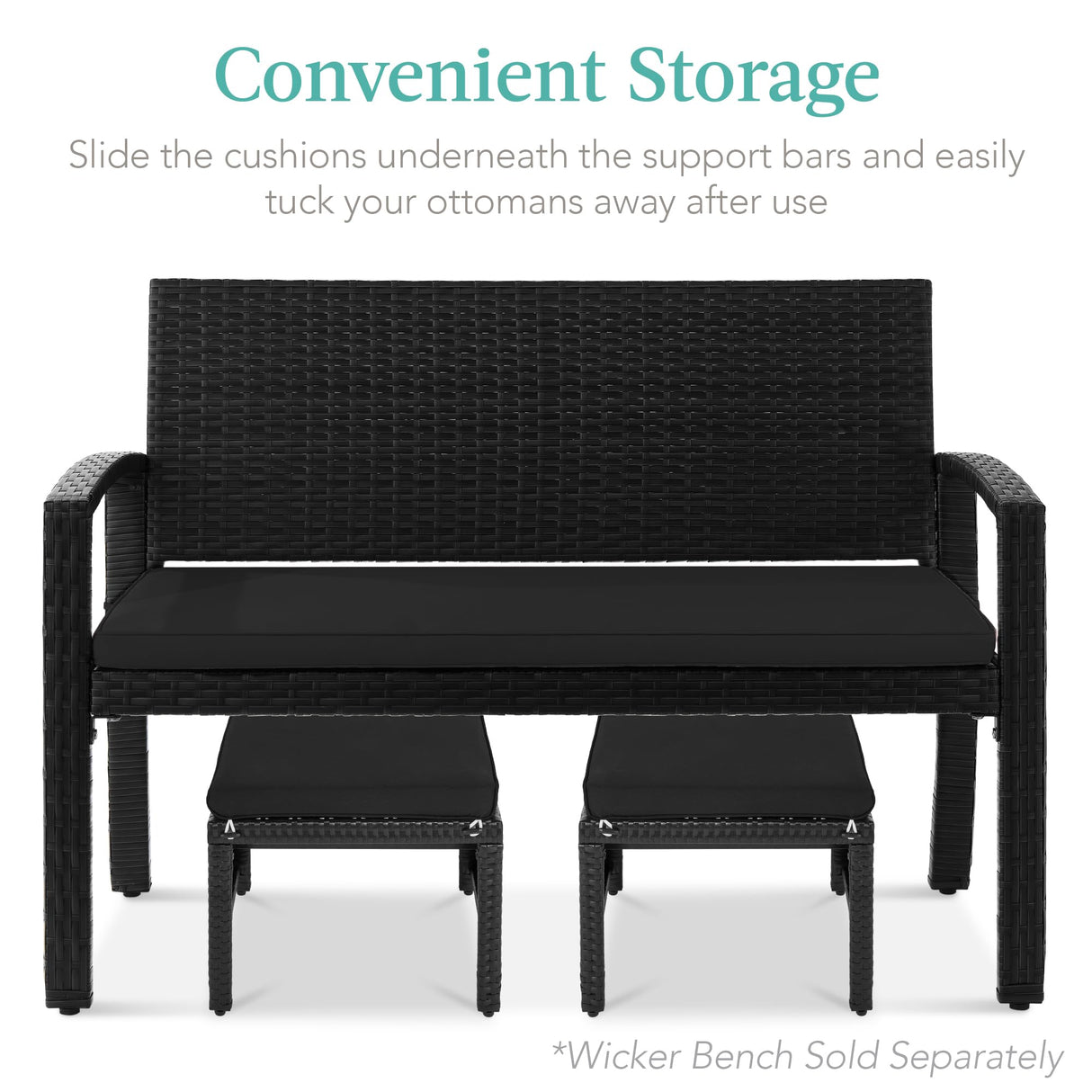 Best Choice Products Set of 2 Wicker Ottomans, Multipurpose Outdoor Furniture for Patio, Backyard, Additional Seating, Footrest, Side Table w/Removable Cushions, Steel Frame - Black/Black Best Choice Products