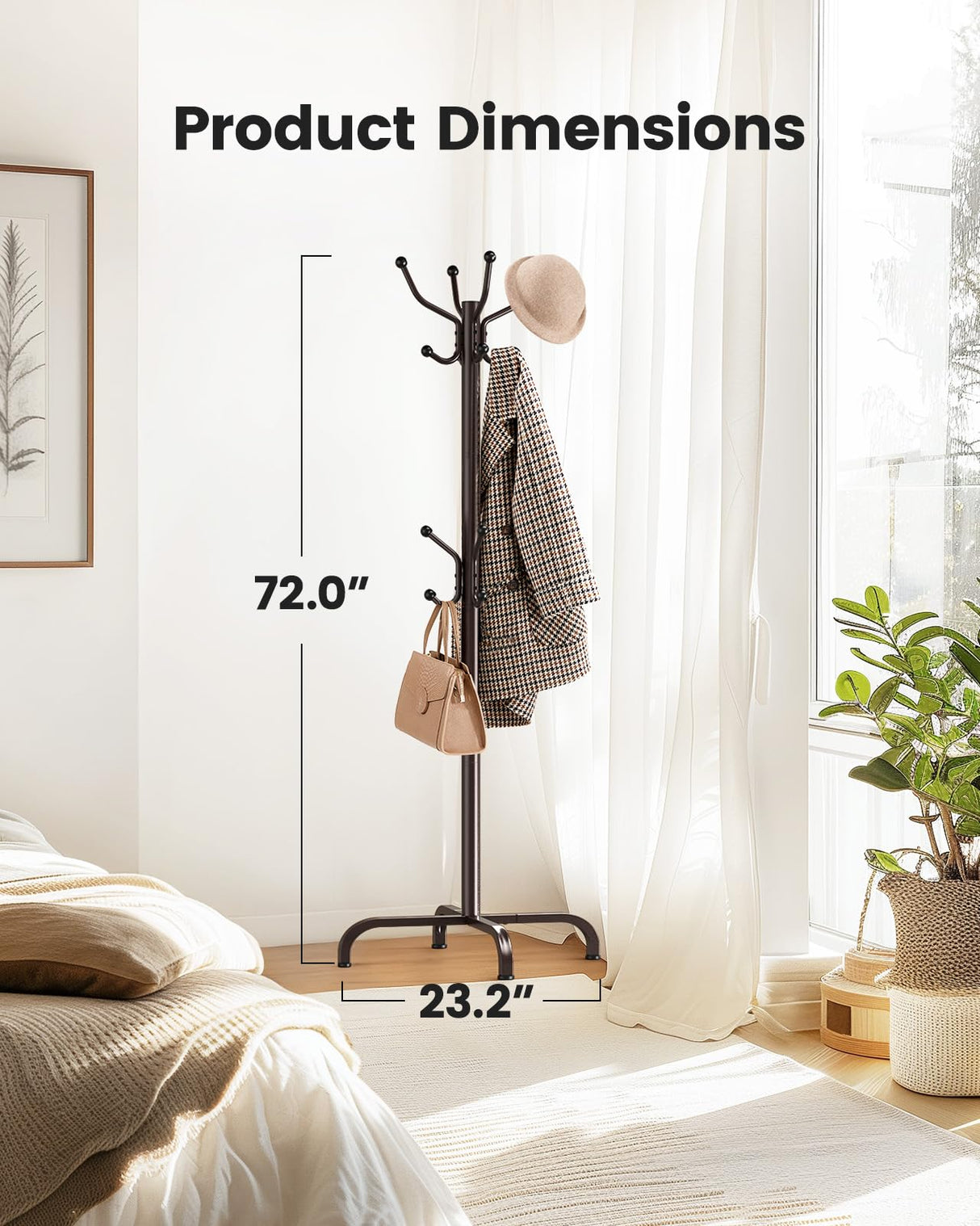 Pipishell Coat Rack with 14 Hooks, Freestanding Coat Rack Stand for Entryway, Hallway, Bedroom, and Office, Metal Coat Tree & Hat Rack for Coats, Hats, and Bags, Brown Pipishell