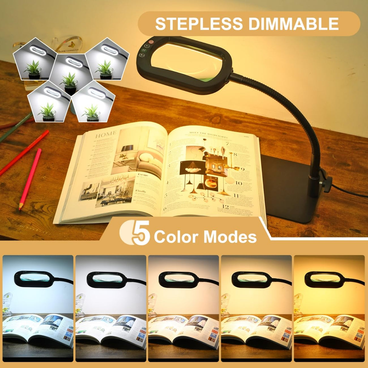 Veemagni 10X Rectangle Magnifying Glass with Light and Stand, Flexible Gooseneck LED Lighted Desk Lamp, 5 Color Modes Stepless Dimmable, Hands Free Magnifier for Reading Crafts Painting Close Work Veemagni