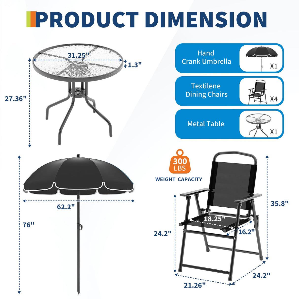 6 Pieces Outdoor Dining Set With Umbrella, Patio Table and 4 Folding Chairs With Umbrella, Garden Patio Furniture Set With Umbrellas, Tempered Glass Top Dining Table Reljofum