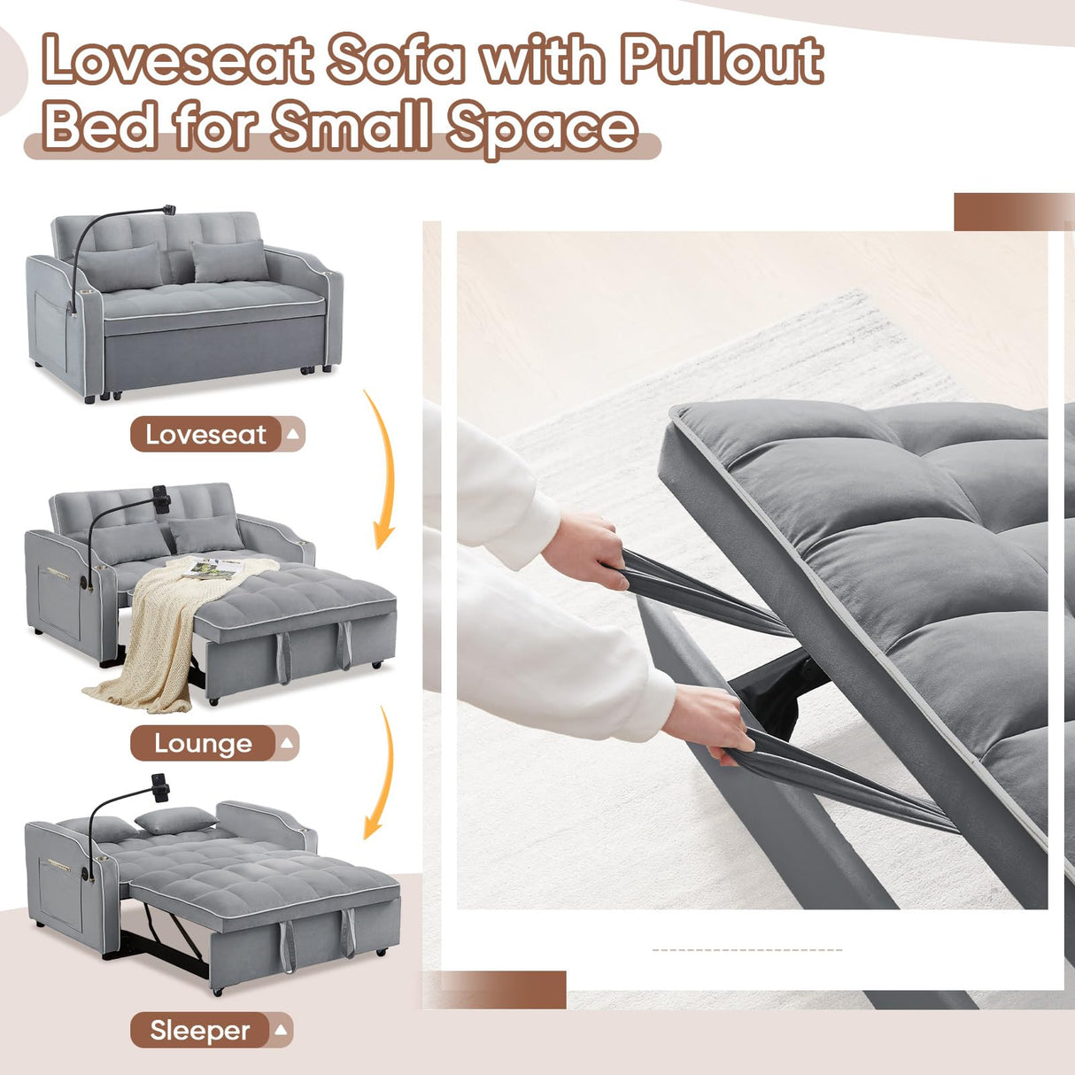 Sleeper Sofa Couch Bed with USB & Type C Port, Modern 3-in-1 Convertible Velvet Pull Out Loveseat Futon Sofa w/Phone Holder/Cup Holder for Living Room Apartment, Adjustable Backrest, Light Grey Antetek