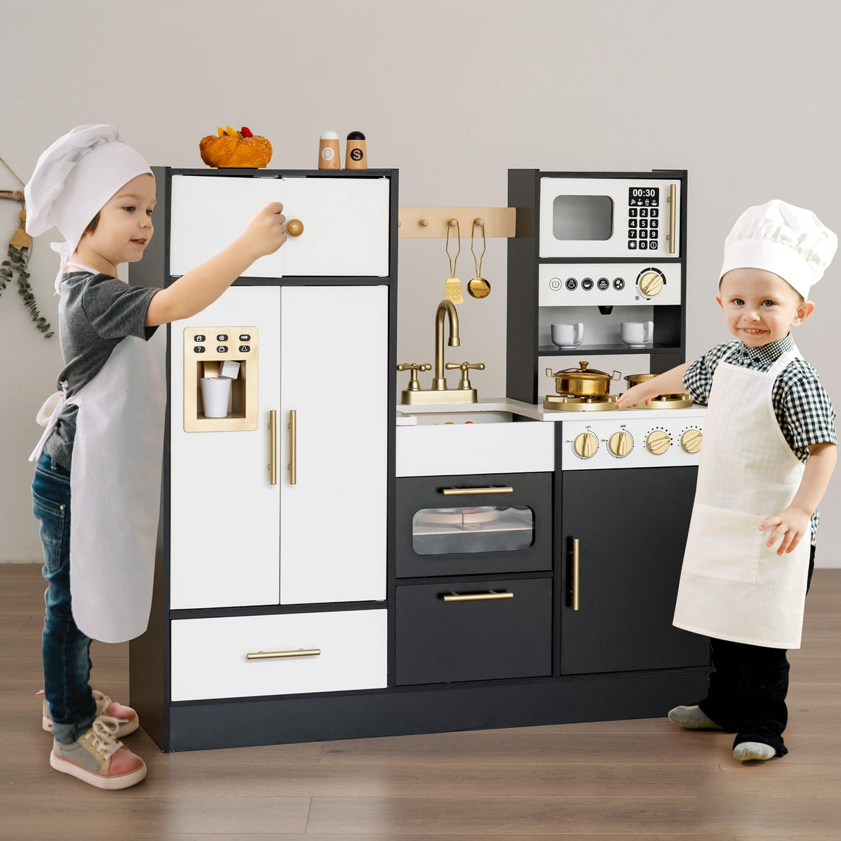 Wooden Play Kitchen Set for Kids – Interactive Pretend Toddler Kitchen Playset with 12 Kitchen Toy Accessories, Perfect for Ages 3+ Leeshyah