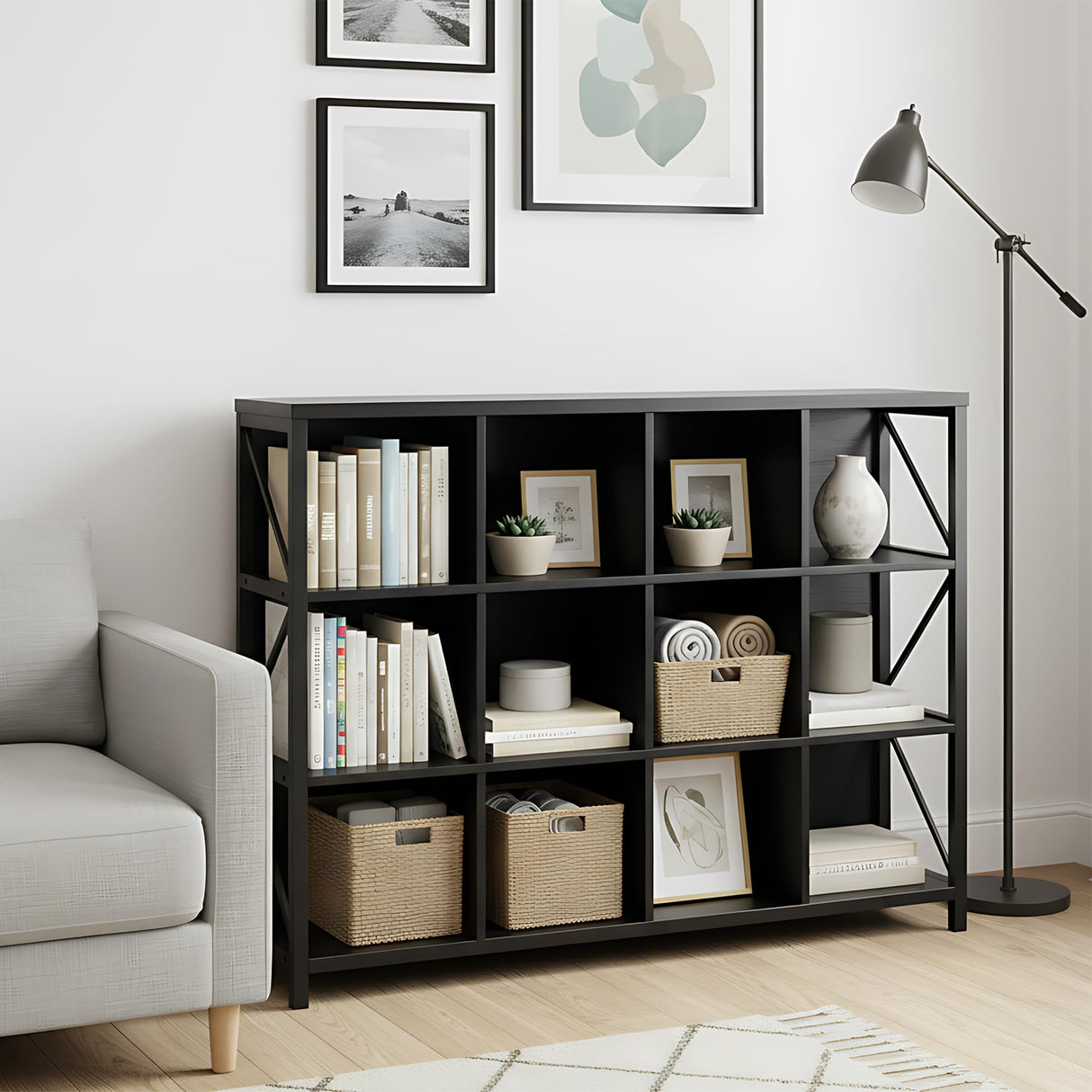 VAKATRELL 12 Cube Storage Organizer Bookshelf, Industrial Horizontal Bookcase, Accent Cubby Shelf, Corner Bookcase for Living Room, Home Office, 11.8" D x 47.6" W x 38.2" H, Black VAKATRELL