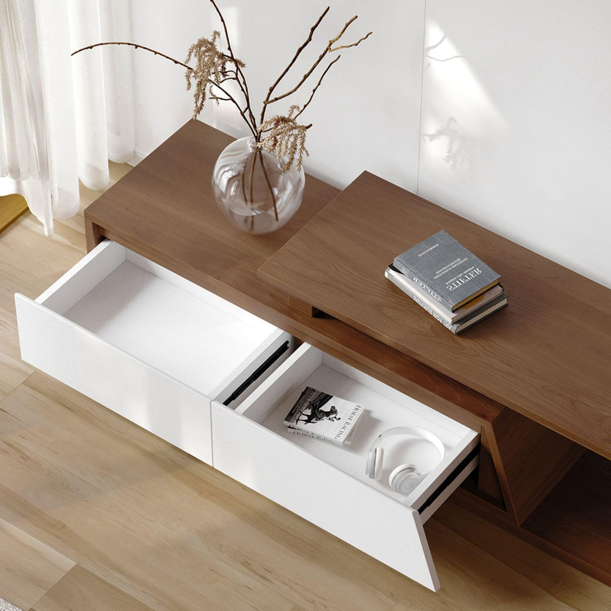 homary Extendable TV Stand with 3 Drawers Minimalist Rectangle Entertainment Center Walnut TV Console Table Up to 110" (Extendable: 70.9”W-110.2”W) (White & Walnut) homary