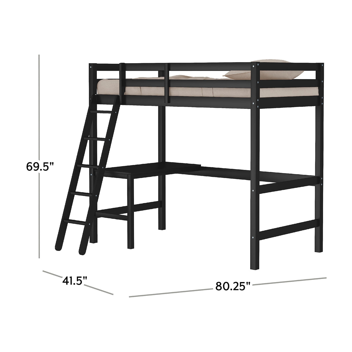 Hillsdale Caspian Black Solid Wood Twin Loft Bed with Built-In Desk for Kids Hillsdale