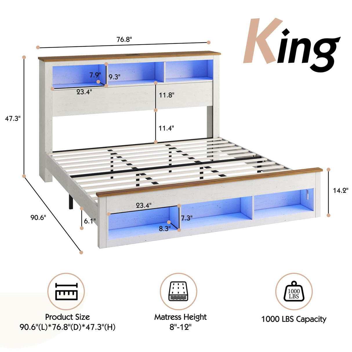 LUXOAK King Size Bed Frame with Bookcase Storage Headboard & Footboard, Farmhouse Wood Platform Bed with LED Light & Charging Station, No Box Spring Needed, White LUXOAK