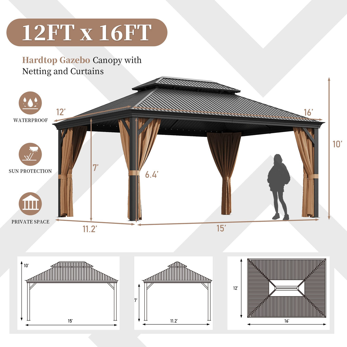 Greesum 12'x16' Hardtop Metal Gazebo, Outdoor Galvanized Steel Double Roof Canopy, Aluminum Frame Permanent Pavilion with Netting and Curtains for Lawns, Patio, Deck, Parties Greesum