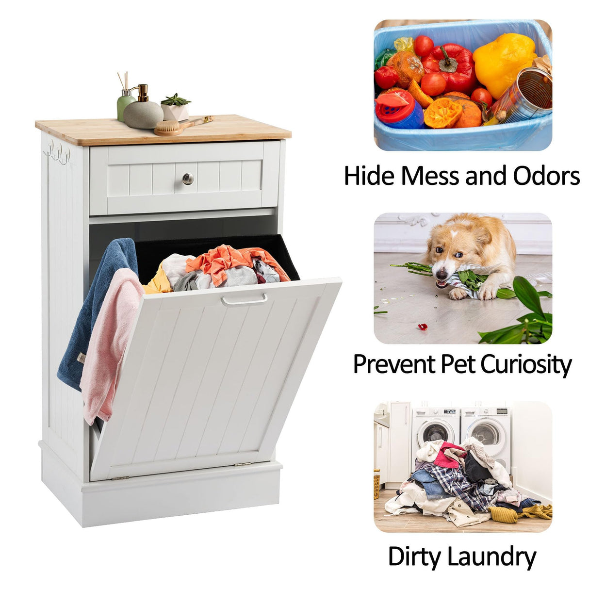 Spurgehom 13 Gallons Tilt Out Trash Cabinet Kitchen Waste Bins Free Standing Laundry Hamper Recycling Cabinet Trash Can Holder with Hideaway Drawer Pet Proof Trash Can for Living Room, White Spurgehom