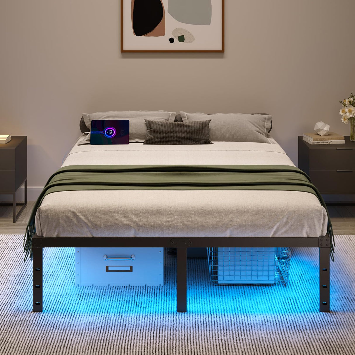 HAVONIZD Full Size Bed Frame with LED Lights & Charging Station - 14 Inch Heavy Duty Metal Platform Bed Frame No Box Spring Needed, Easy Assembly, No Noise HAVONIZD