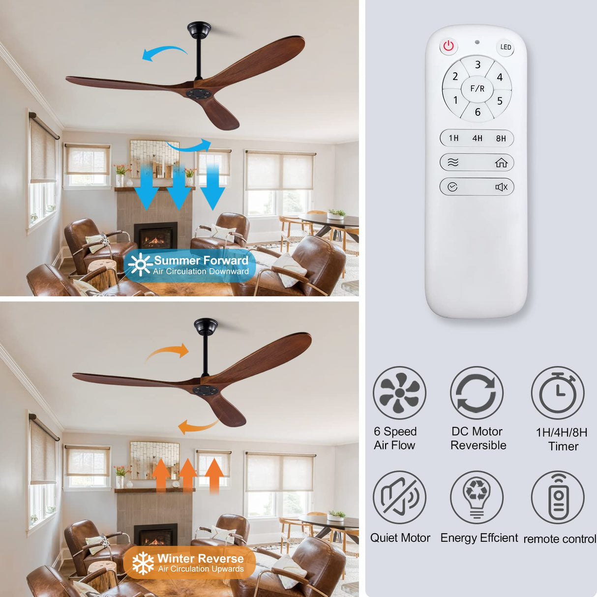 XBIBI 60 Inch Ceiling Fans Without Light, Solid Wood Ceiling Fan No Light with Remote and 3 Wood Blades,6 Speed Quiet DC Motor Indoor Outdoor Ceiling Fans for Patio, Living Room, Bedroom, Office XBIBI