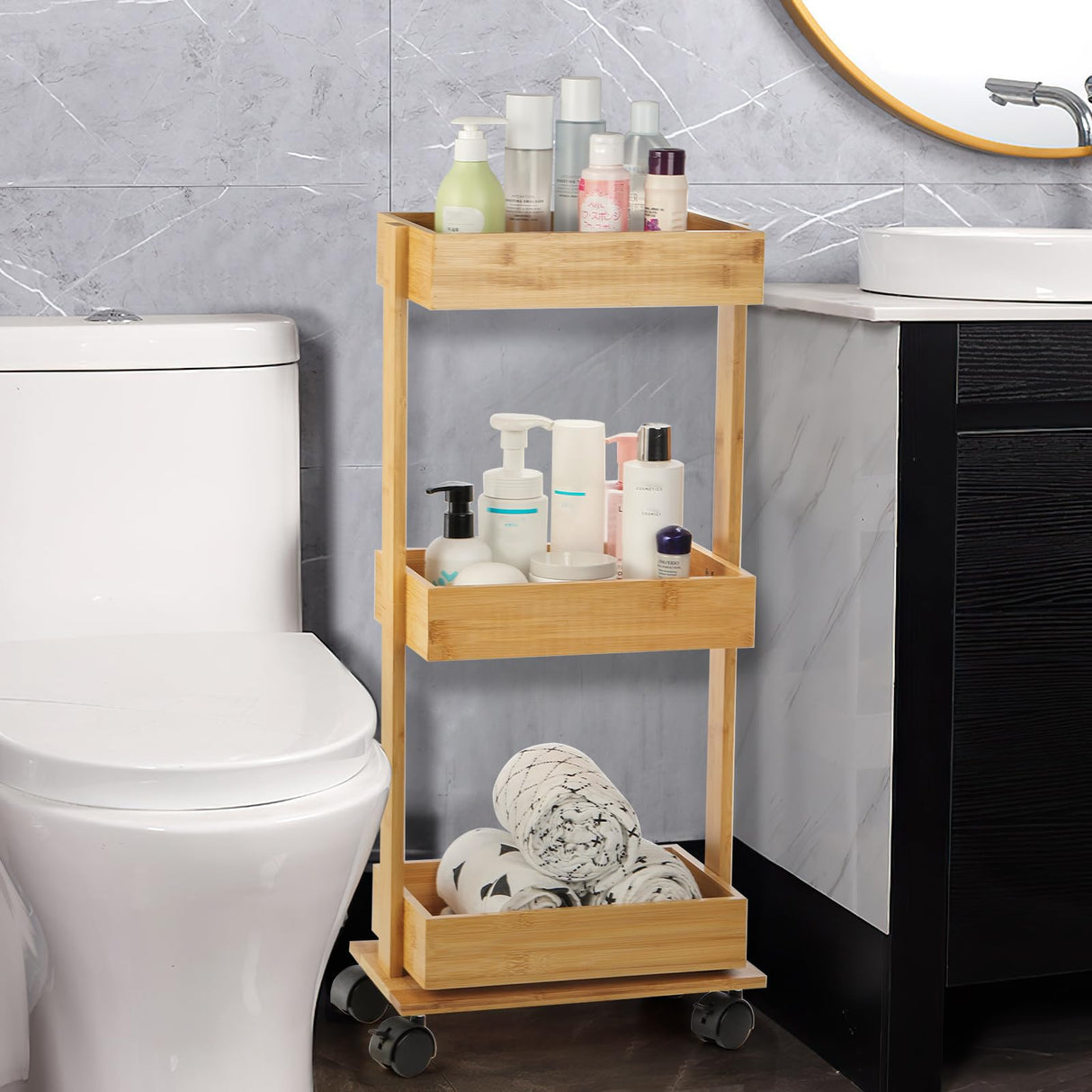 TOPZEA Slim Storage Cart, 3-Tier Bamboo Rolling Utility Cart Standing Rack on Wheel, Mobile Shelving Unit Organizer Serving Trolley Slide Out Cart for Office Bathroom Kitchen Laundry Room(Upgraded) TOPZEA
