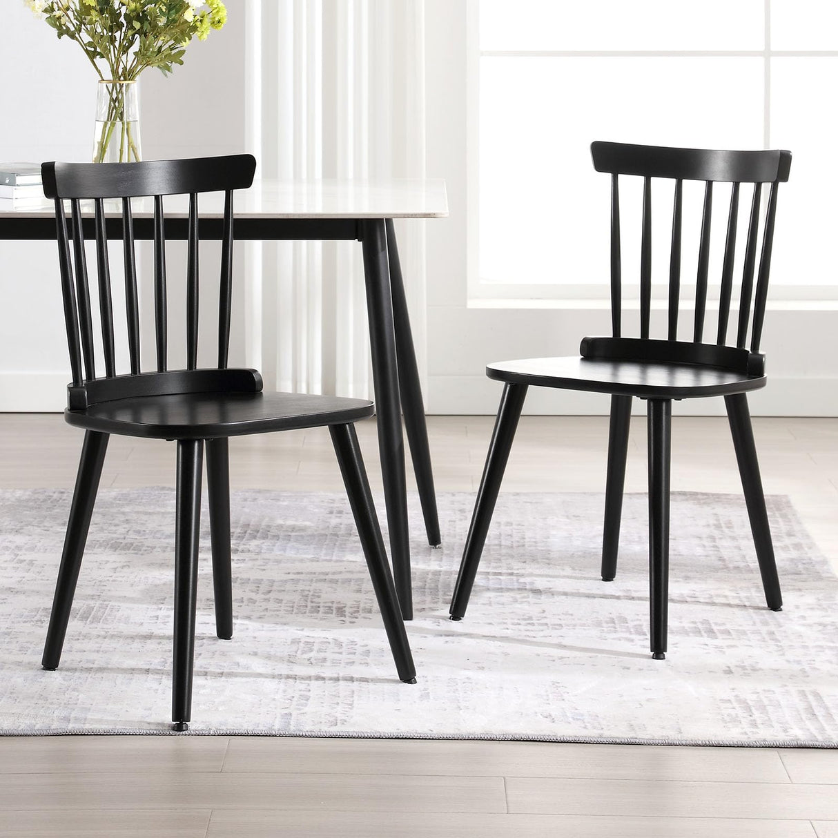 RêveLife Windsor Dining Chair Set of 4 Farmhouse Solid Wood Spindle Back Side Chair Mid-Century Modern Black Armless Kitchen Chair for Dining Living Room Farmhouse Restaurant RêveLife