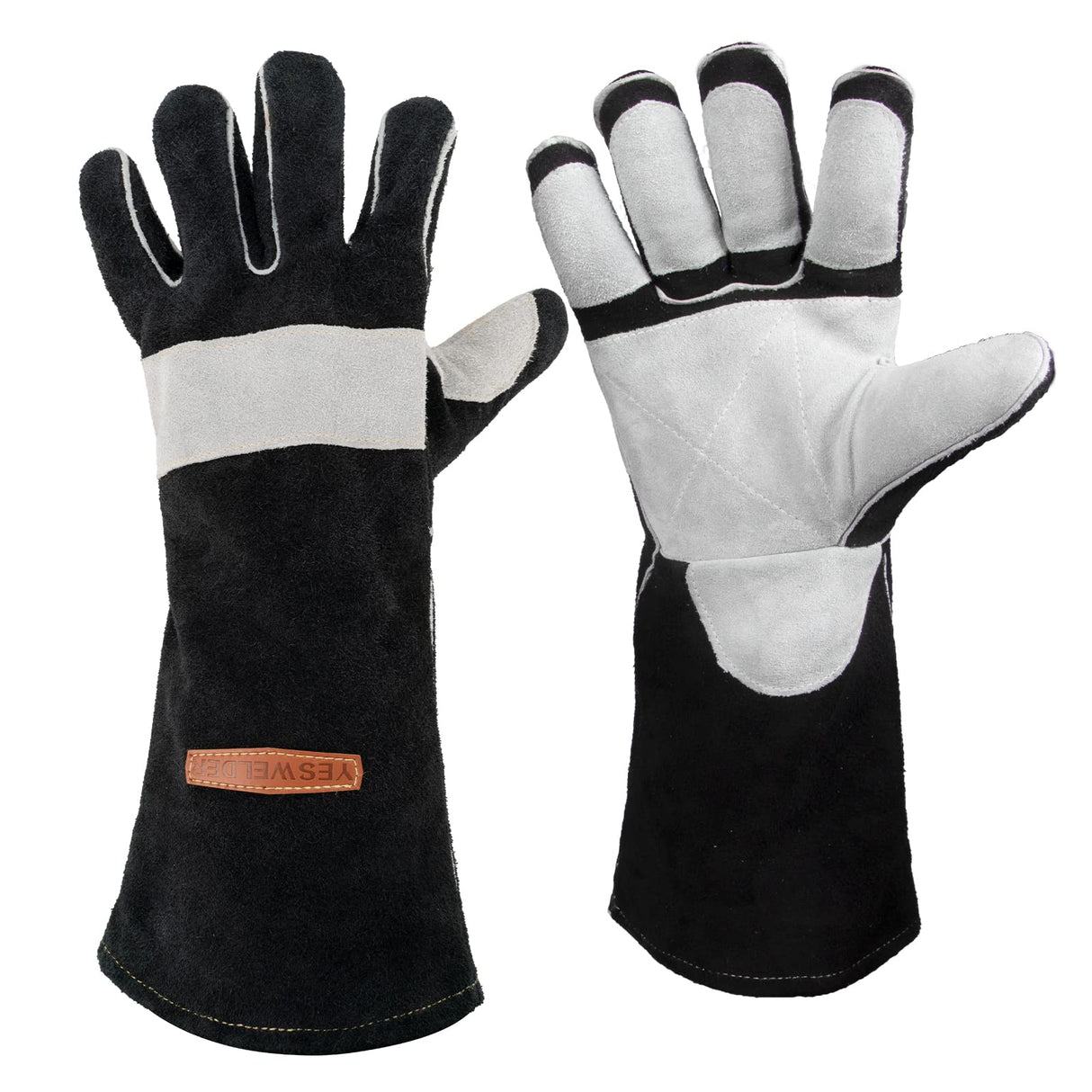 YESWELDER 16 Inches,932℉,Leather Forge MIG Welding Gloves, with Kevlar Stitching Heat/Fire Resistant, Palm Reinforcements, Black-Gray YESWELDER