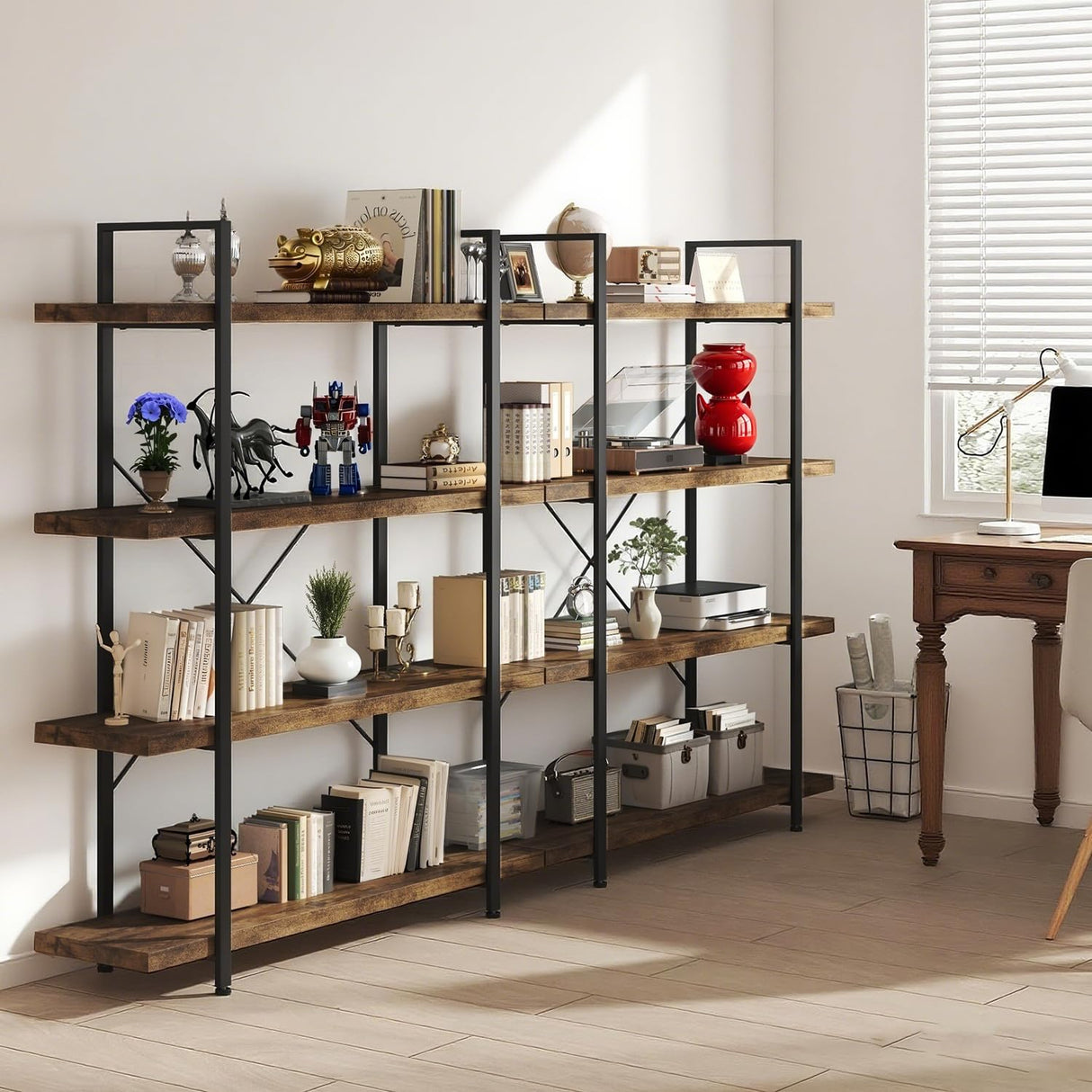 VKUCI 4 Tier Book Shelf, 47'' Wide Wood Industrial Bookshelf, 120lbs Shelf Capacity, Open Storage Shelves, 55'' Tall Heavy Duty Display Shelving, Rustic Brown Bookcase for Bedroom,Living Room,Office VKUCI