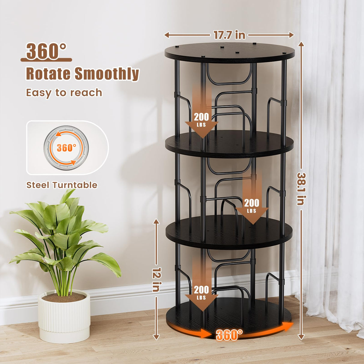 ALLSTAND 3-Tier 360° Rotating Bookshelf – Stylish Black Revolving Storage Organizer for Home & Small Spaces ALLSTAND