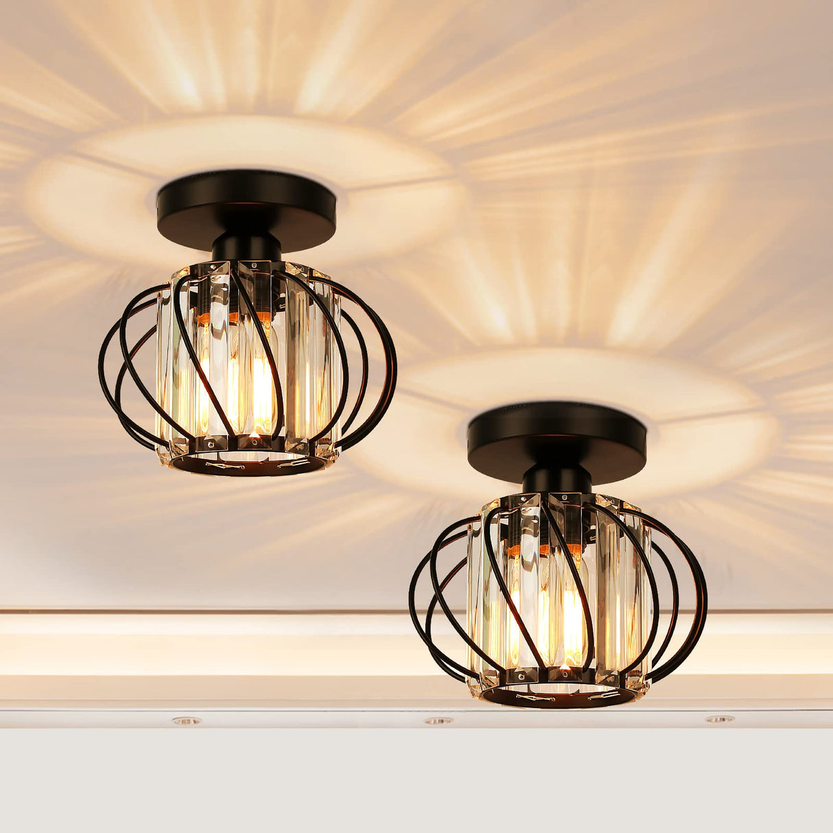 FRIDEKO HOME 2-Pack Semi Flush Mount Ceiling Light - Small Crystal Chandelier Hallway Black Metal Cage Modern Light Fixture for Entryway Bedroom Porch Kitchen FRIDEKO HOME