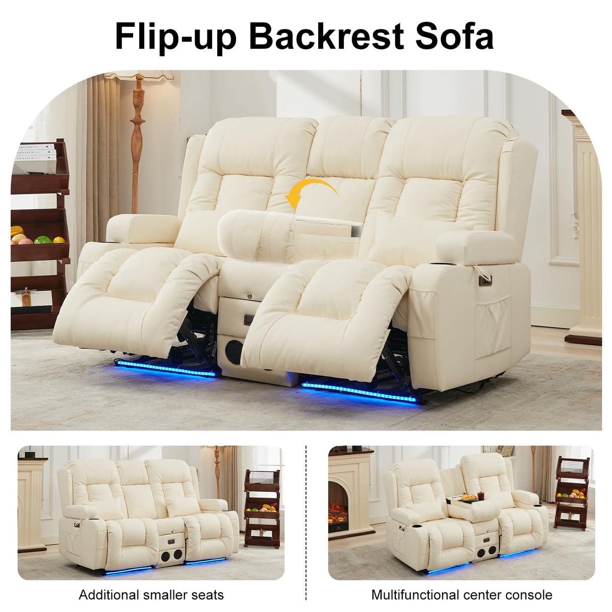 TUNYI Power Loveseat Recliner Sofa with Massage & Heat Home Theater Seating with Console Electric Recliner RV Sofa with USB/Outlet/Storage/Side Pocket/LED Light/Speaker (Cream White) TUNYI