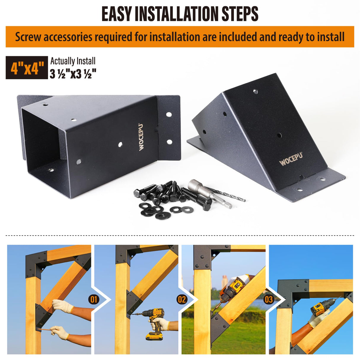 Wocepu 4pack 4x4 (Actual 3.5''x3.5'') Degree Angle Support Brackets, For Pergola, Gazebo, Deck Wood Frame Structures Provide Support 45° Degree Angle Bracket WOCEPU