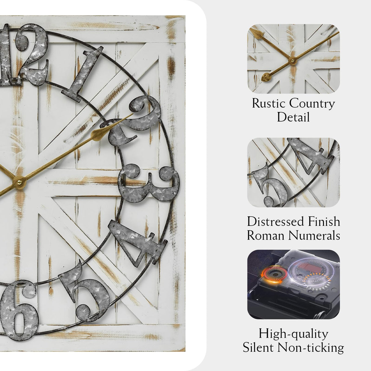 EMAX HOME Large Farmhouse Wall Clock – 24 Inch Square Rustic Wooden Clock with Decorative Reversible Wooden Sign, Perfect for Any Space and Ideal Gift EMAX HOME
