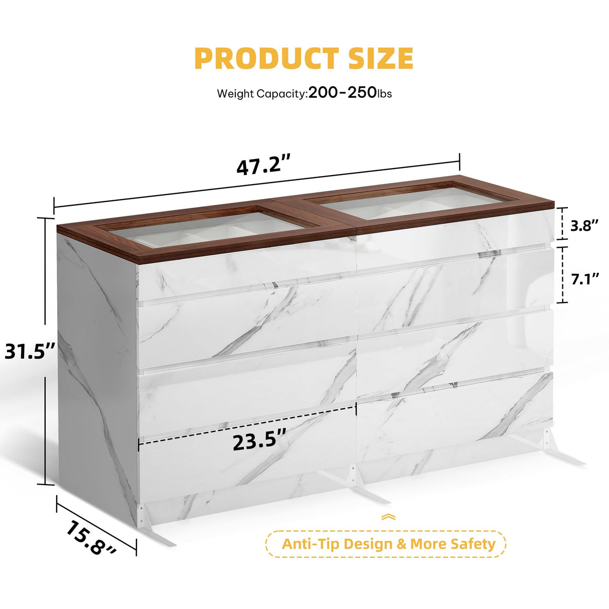 DWVO 8 Drawer Dresser with LED Light,White Marble Dresser, Modern 8 Chest of Drawers with Deep Drawers Glass Top High Gloss Surface, Storage Organizer Cabinet for Living Room, Bedroom DWVO