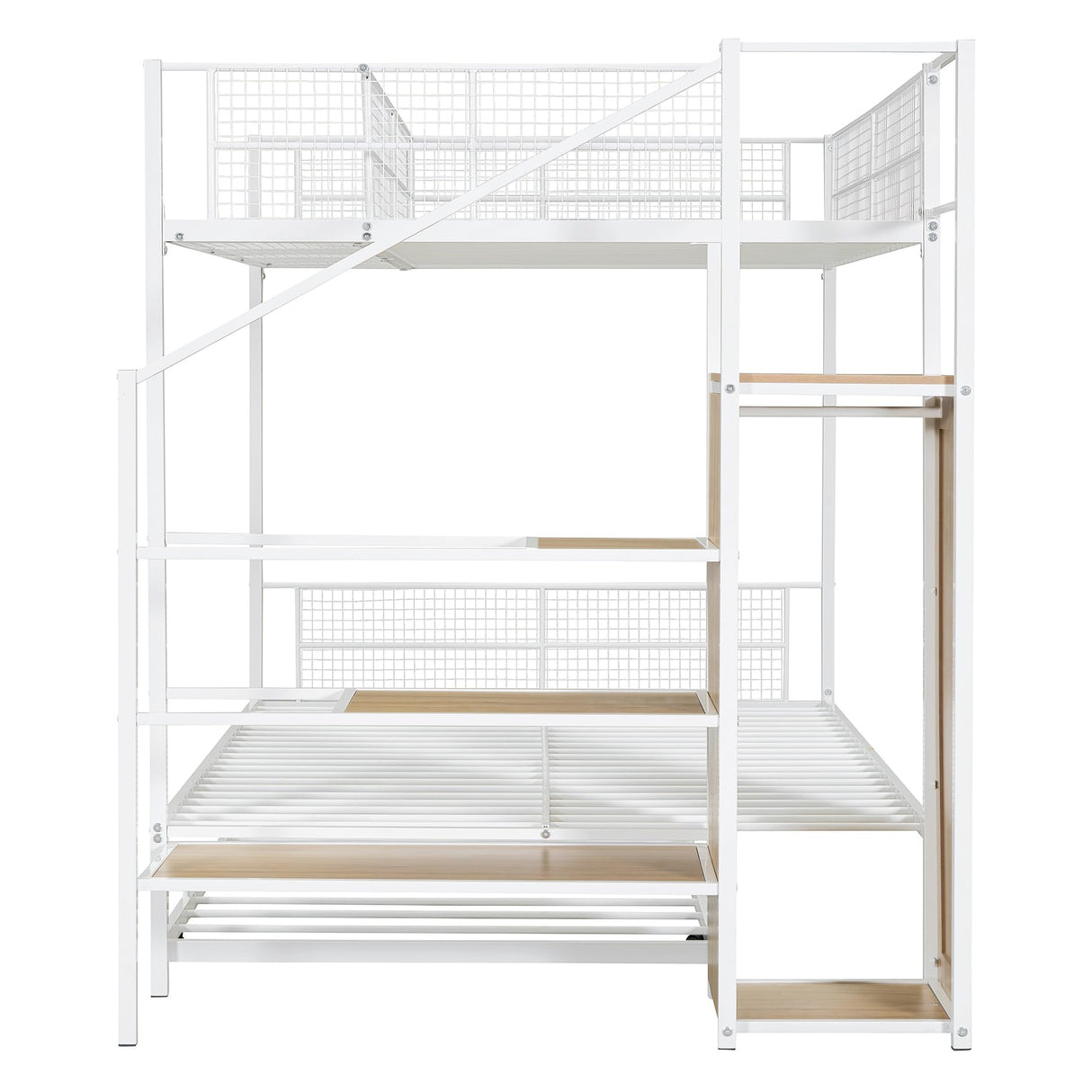 Twin Over Full Metal Bunk Bed with Trundle, Stairs, Wardrobe and Storage Shelves, Modern Style Heavy-Duty Steel Frame Bunk Bed with Safety Rail, for Bedroom, Dorm, White Bellemave