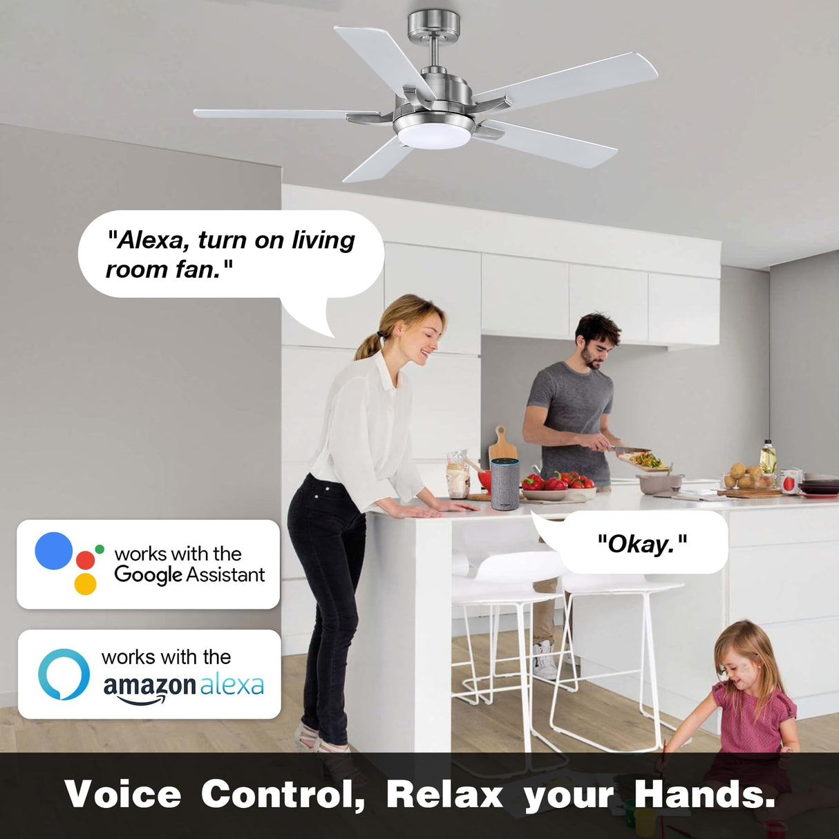 cumilo 52” Smart Outdoor Ceiling Fans LED Lights and Remote,Quiet DC Motor,6 Speed,Dimmable,Indoor Modern Brushed Nickel Ceiling Fan Controlled by WIFI Alexa App,Gray Silver Wood Bedroom Patio Porch cumilo