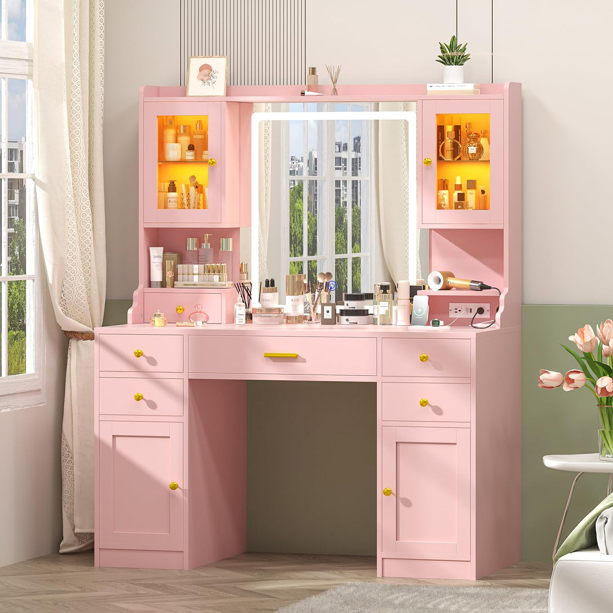 Vanity Desk with Mirror and Lights, Makeup Vanity Table with Power Outlet, Dressing Vanity Table Set with 6 Drawers & 4 Cabinets, 3 Color Modes & Brightness Adjusted, for Bedroom Room, Pink Aiguazi