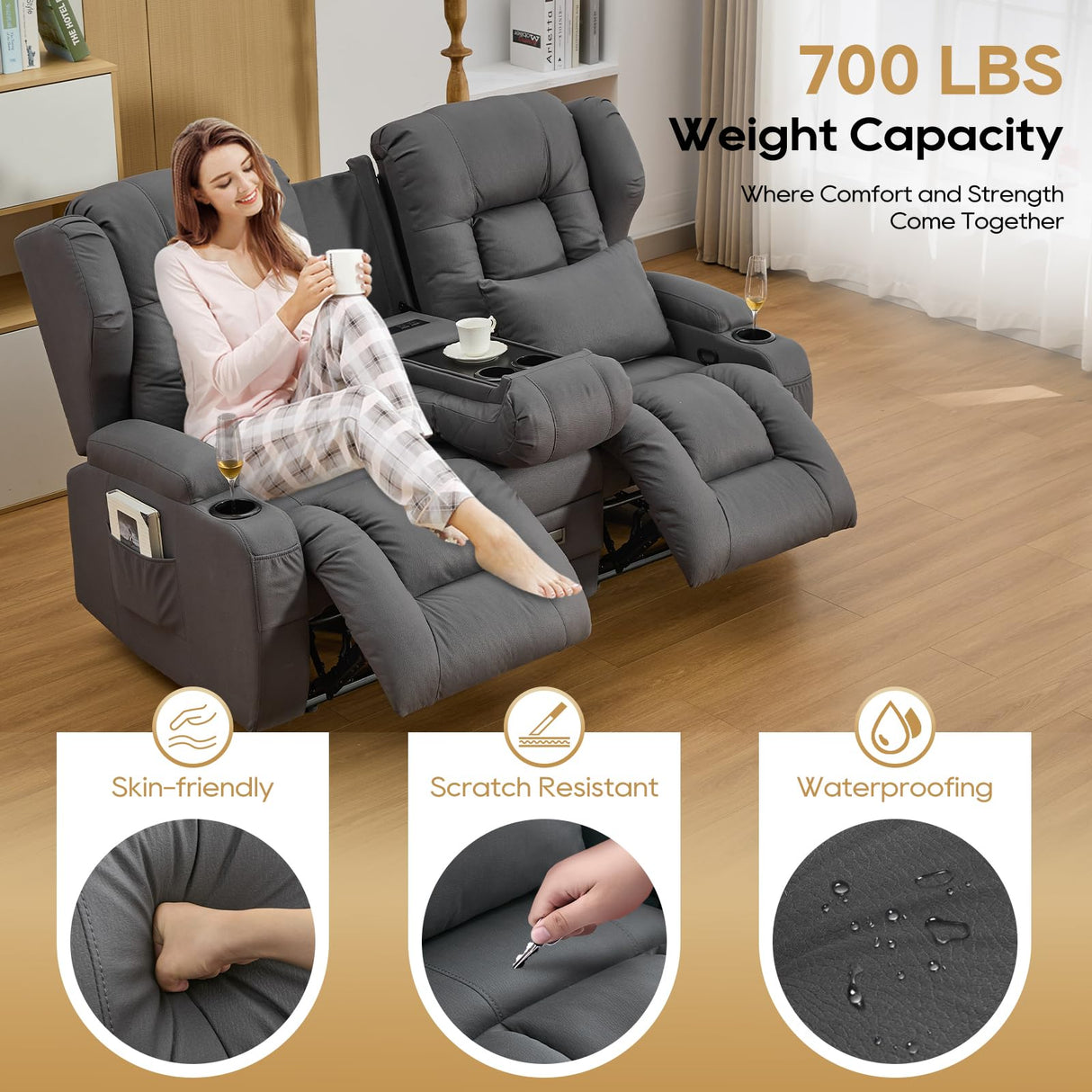 IPKIG 67" RV Loveseat Double Recliner Sofa with FILP Back Console, Storage Drawer, Side Pockets, Lychee Pattern Tech Fabric Manual Reclining Chair Home Theater Seating (Grey) IPKIG