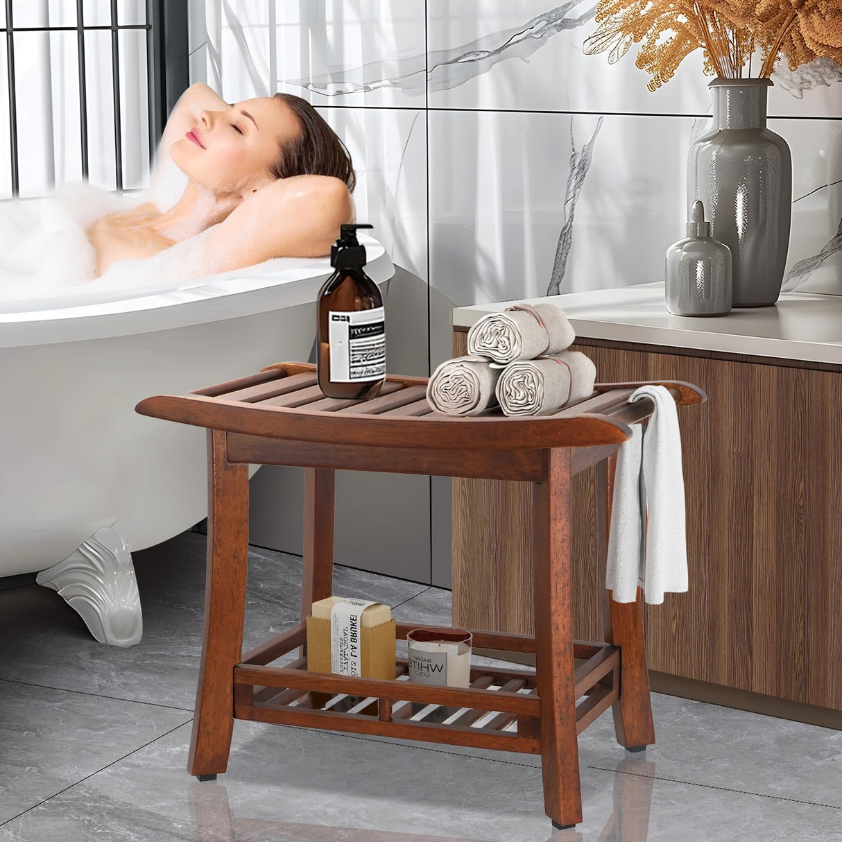 RANDEFURN 24“ Teak Shower Bench with Shelf,Teak Wood Shower Stool,Waterproof Wood Shower Chair for Elderly,2-Tier Wooden Shower Seat Spa Stool for Indoor and Outdoor Use.(24 x 13.4 x 18.3in, Brown) RANDEFURN