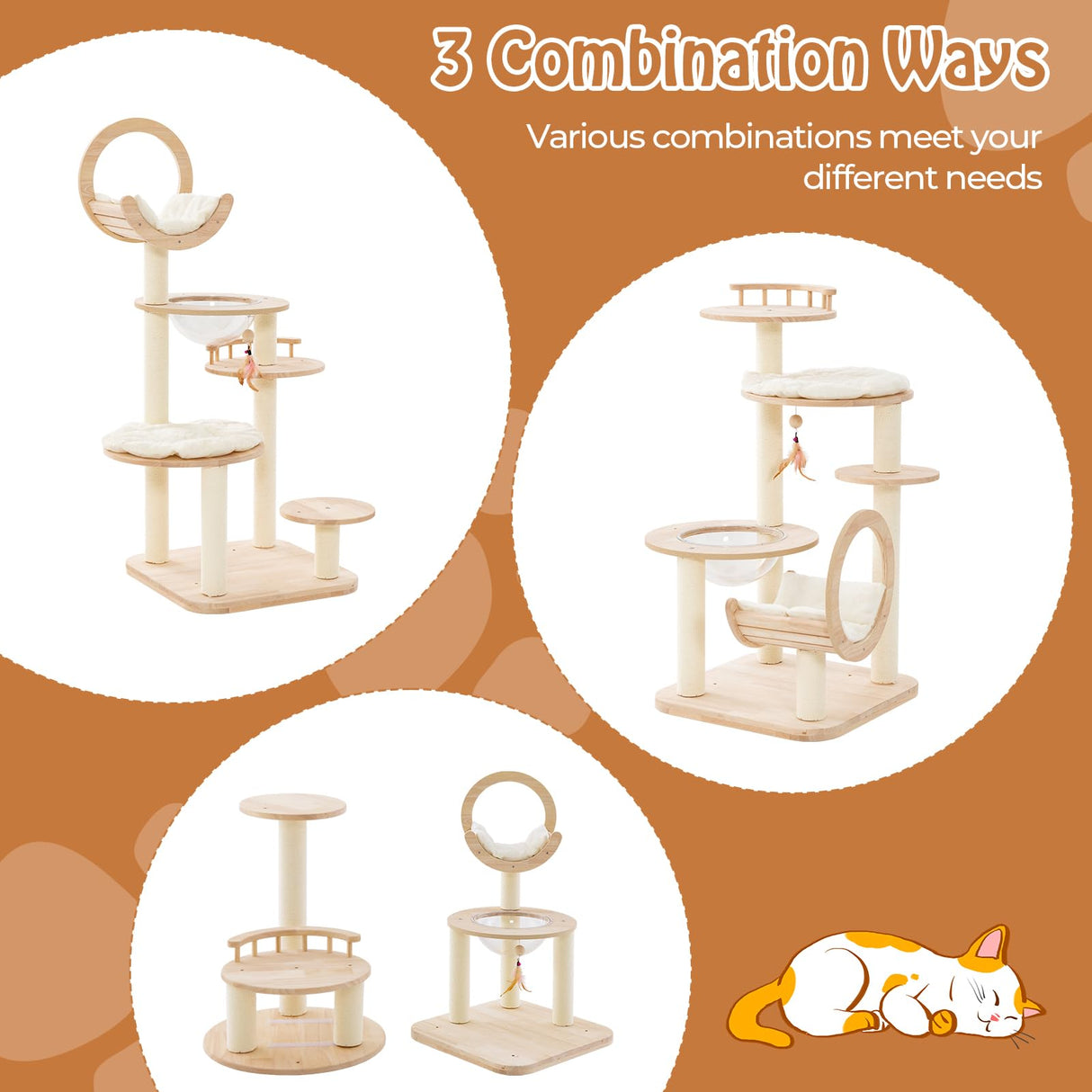 PETSITE 57 Inches Tall Wooden Cat Tree, Multi-Level Cat Tower with Scratching Posts, Space Capsule Bed, Padded Platform and Hanging Ball, Modern Transformable Cat Tree Tower for Indoor Cats Large PETSITE